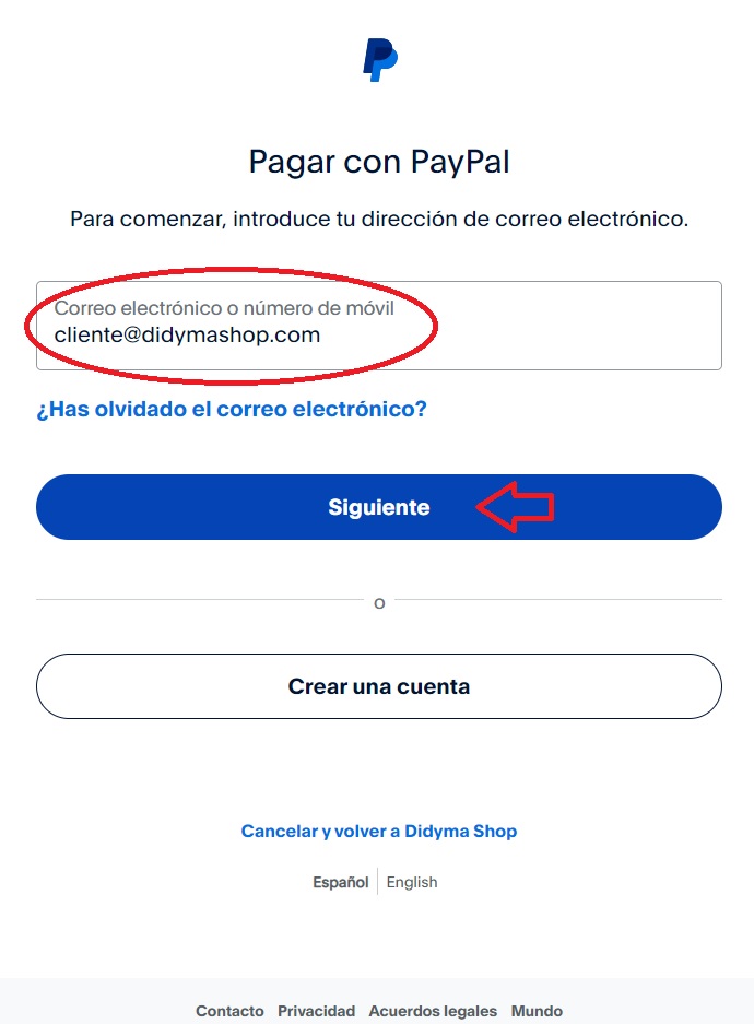 Pantalla de inicio de sesión de PayPal